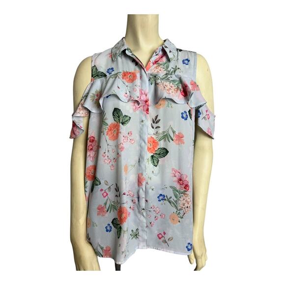 Express Floral Cold Shoulder Blouse Shirt Top Career Preppy Romantic L Large - Picture 1 of 6